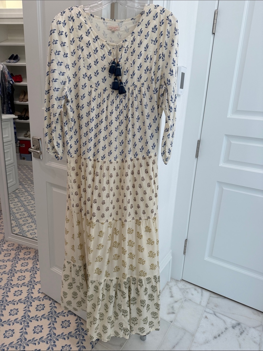 Pink Chicken Boho Tiered Maxi Dress with Blue Tassel Accents